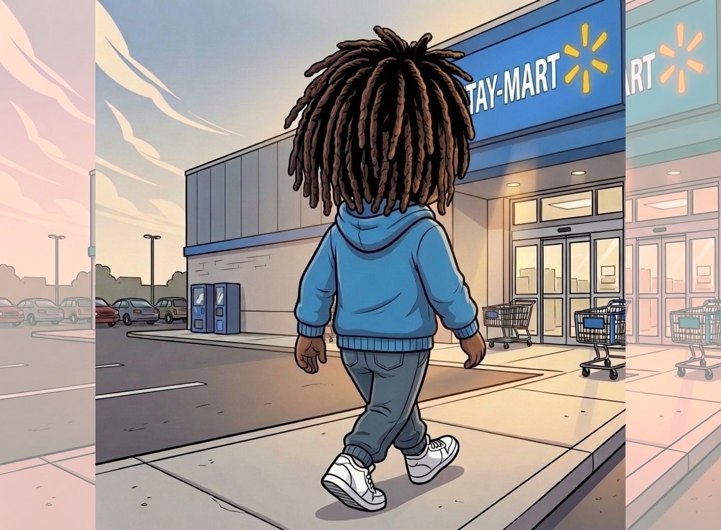 A graphic of someone entering Tay Mart